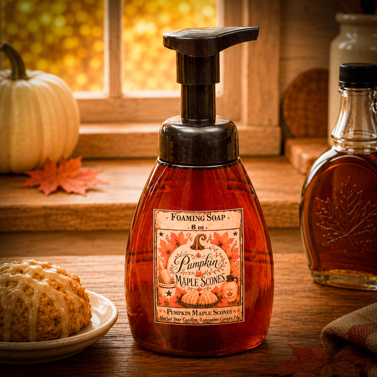 Pumpkin Maple Scones foaming hand soap in an 8 oz foamer bottle scented with pumpkin purée, maple syrup, vanilla scones, cinnamon, and brown sugar.