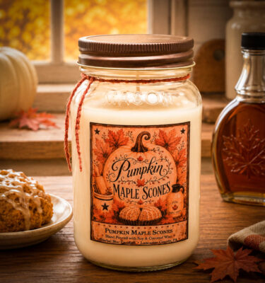 16 oz Pumpkin Maple Scones Candle in a farmhouse mason jar with antique bronze lid and a cozy fall fragrance of pumpkin, maple syrup, and vanilla scones.