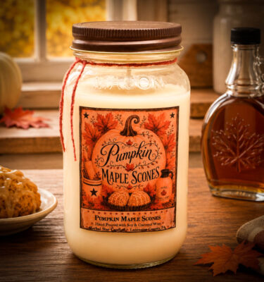 24 oz Pumpkin Maple Scones Candle in a farmhouse mason jar with antique bronze lid featuring the scent of pumpkin purée, maple syrup, vanilla scones, cinnamon, and brown sugar.