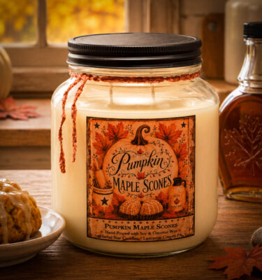 64 oz Pumpkin Maple Scones double-wick candle with black lid featuring the scent of pumpkin purée, maple syrup, vanilla scones, cinnamon, and brown sugar.