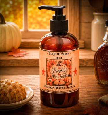 Pumpkin Maple Scones liquid hand soap in an 8 oz amber pump bottle scented with pumpkin purée, maple syrup, vanilla scones, cinnamon, and brown sugar.
