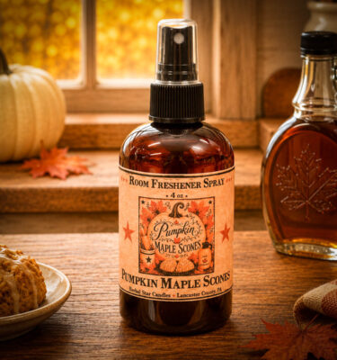 Pumpkin Maple Scones room spray in a 4 oz amber bottle scented with pumpkin purée, maple syrup, vanilla scones, cinnamon, and brown sugar.