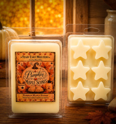 Pumpkin Maple Scones Star Tart Melter featuring a 4 oz breakaway star scented with pumpkin purée, maple syrup, vanilla scones, cinnamon, and brown sugar.