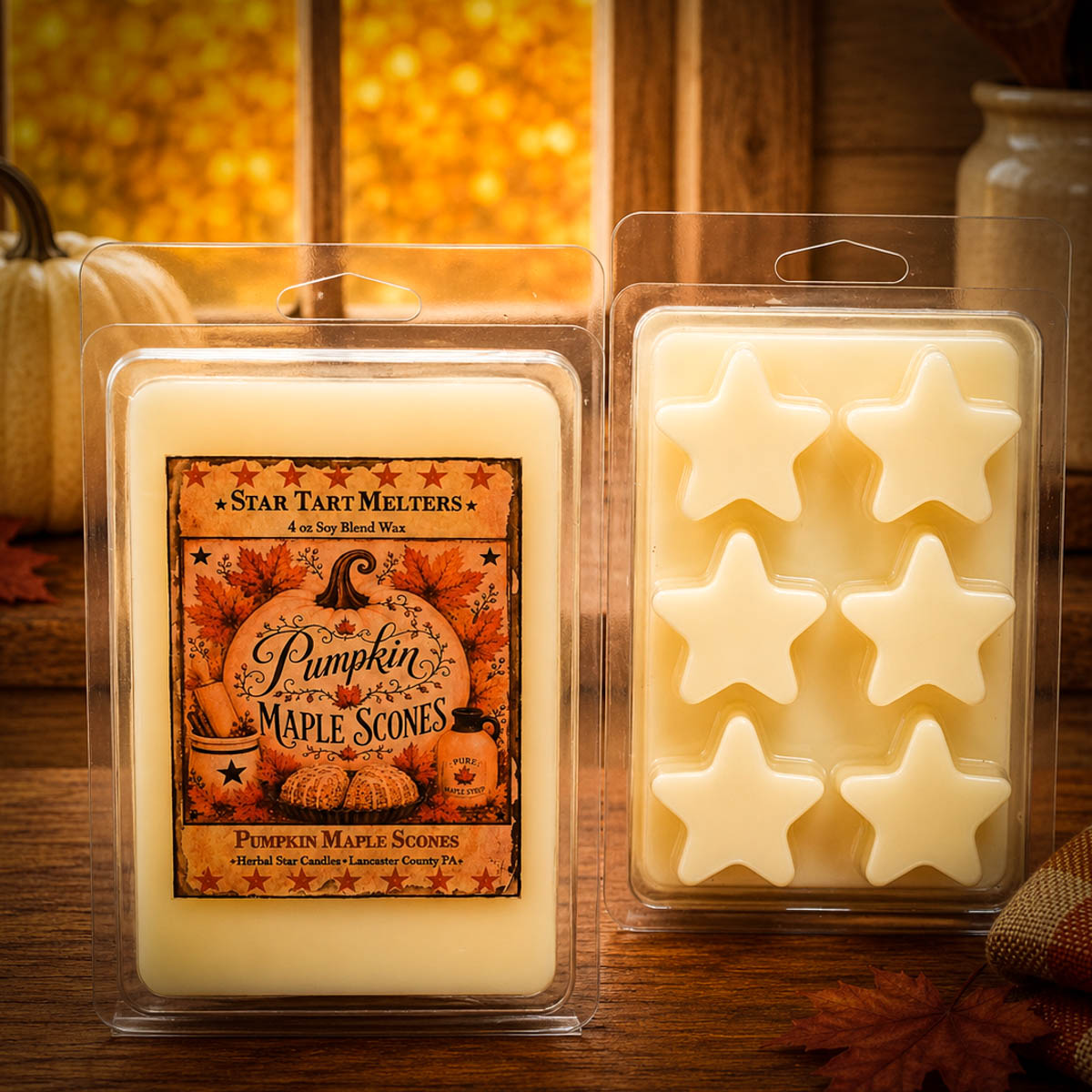 Pumpkin Maple Scones Star Tart Melter featuring a 4 oz breakaway star scented with pumpkin purée, maple syrup, vanilla scones, cinnamon, and brown sugar.