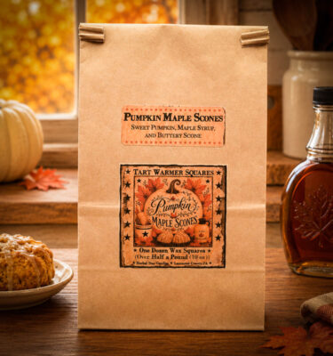 Pumpkin Maple Scones wax tarts in a 10 oz kraft bag with 12 tart squares scented with pumpkin, maple syrup, vanilla scones, cinnamon, and brown sugar.