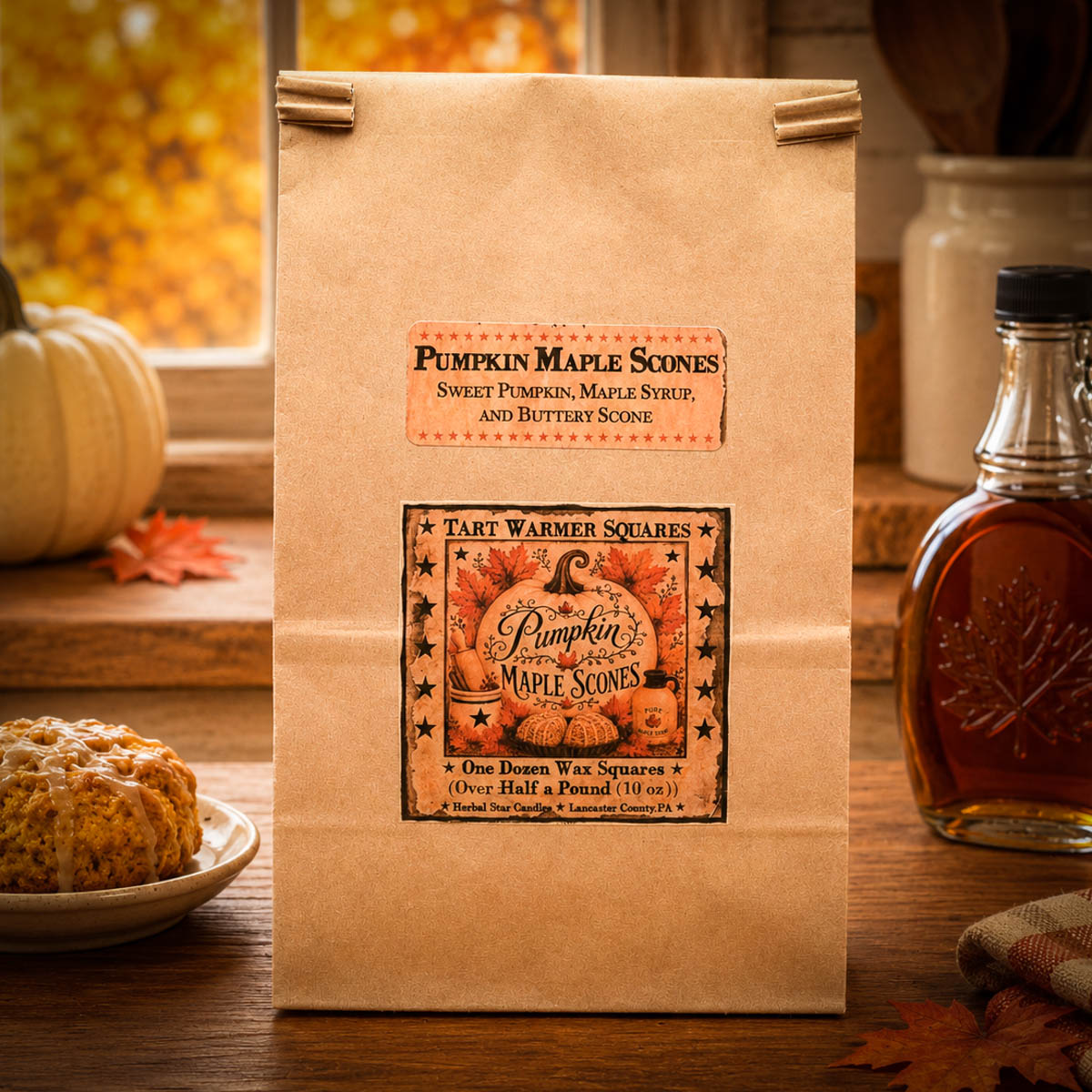 Pumpkin Maple Scones wax tarts in a 10 oz kraft bag with 12 tart squares scented with pumpkin, maple syrup, vanilla scones, cinnamon, and brown sugar.