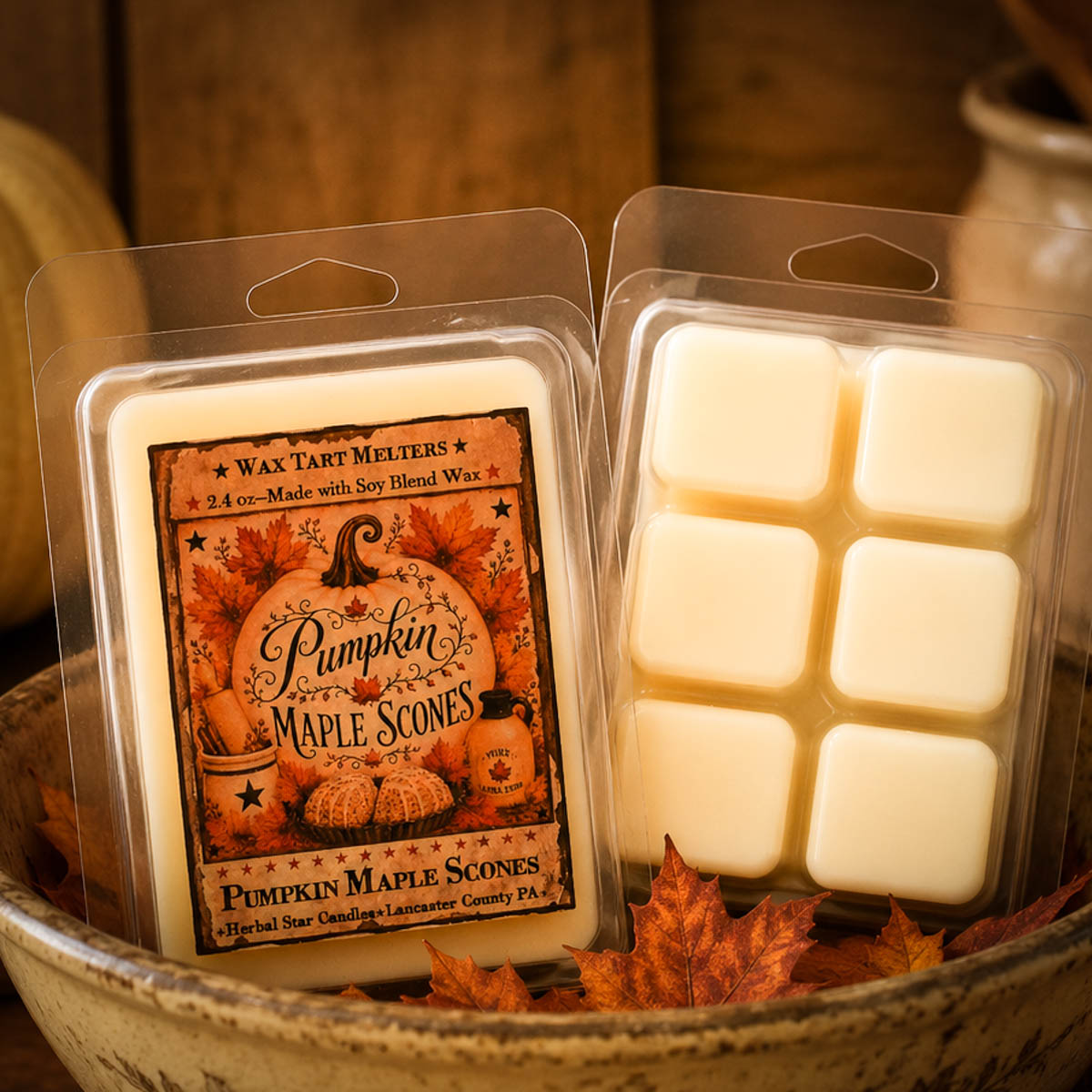 Pumpkin Maple Scones wax melts with six breakaway cubes scented with pumpkin purée, maple syrup, vanilla scones, cinnamon, and brown sugar.