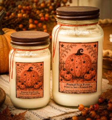 Pumpkin Star Patch scent collection featuring mason jar candles, wax tarts, room spray, and hand soap with a fall-themed pumpkin pie fragrance