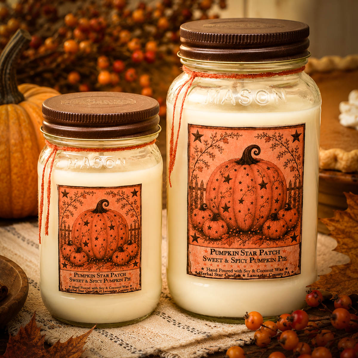 Pumpkin Star Patch scent collection featuring mason jar candles, wax tarts, room spray, and hand soap with a fall-themed pumpkin pie fragrance