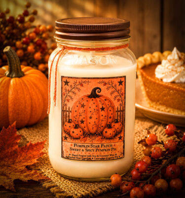 24 oz Pumpkin Star Patch mason jar candle with sweet and spicy pumpkin pie fragrance