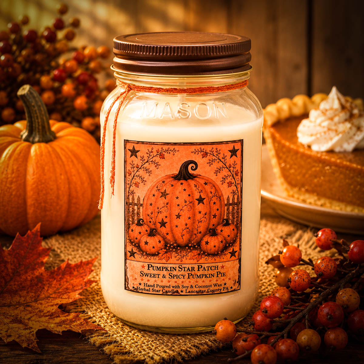 24 oz Pumpkin Star Patch mason jar candle with sweet and spicy pumpkin pie fragrance