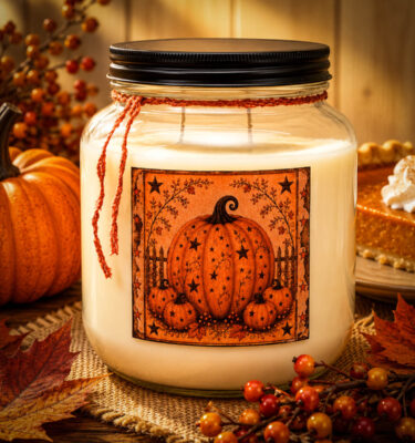 64 oz Pumpkin Star Patch candle with double wicks and a sweet and spicy pumpkin pie fragrance