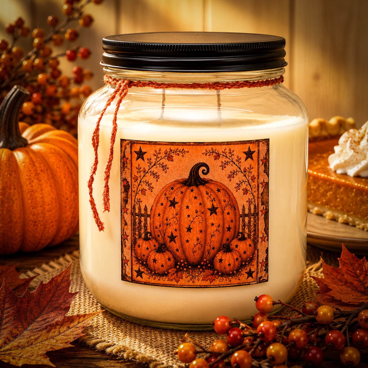 64 oz Pumpkin Star Patch candle with double wicks and a sweet and spicy pumpkin pie fragrance