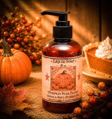 Pumpkin Star Patch liquid hand soap in amber pump bottle with sweet and spicy pumpkin pie scent