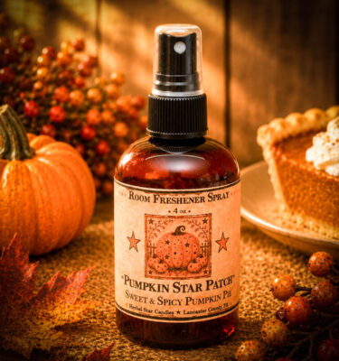 Pumpkin Star Patch room spray in amber bottle with sweet and spicy pumpkin pie scent