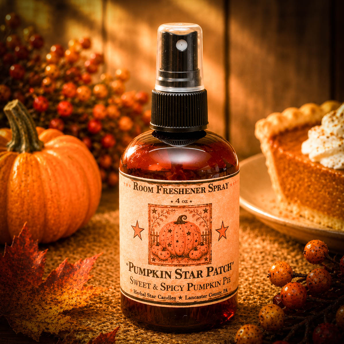 Pumpkin Star Patch room spray in amber bottle with sweet and spicy pumpkin pie scent
