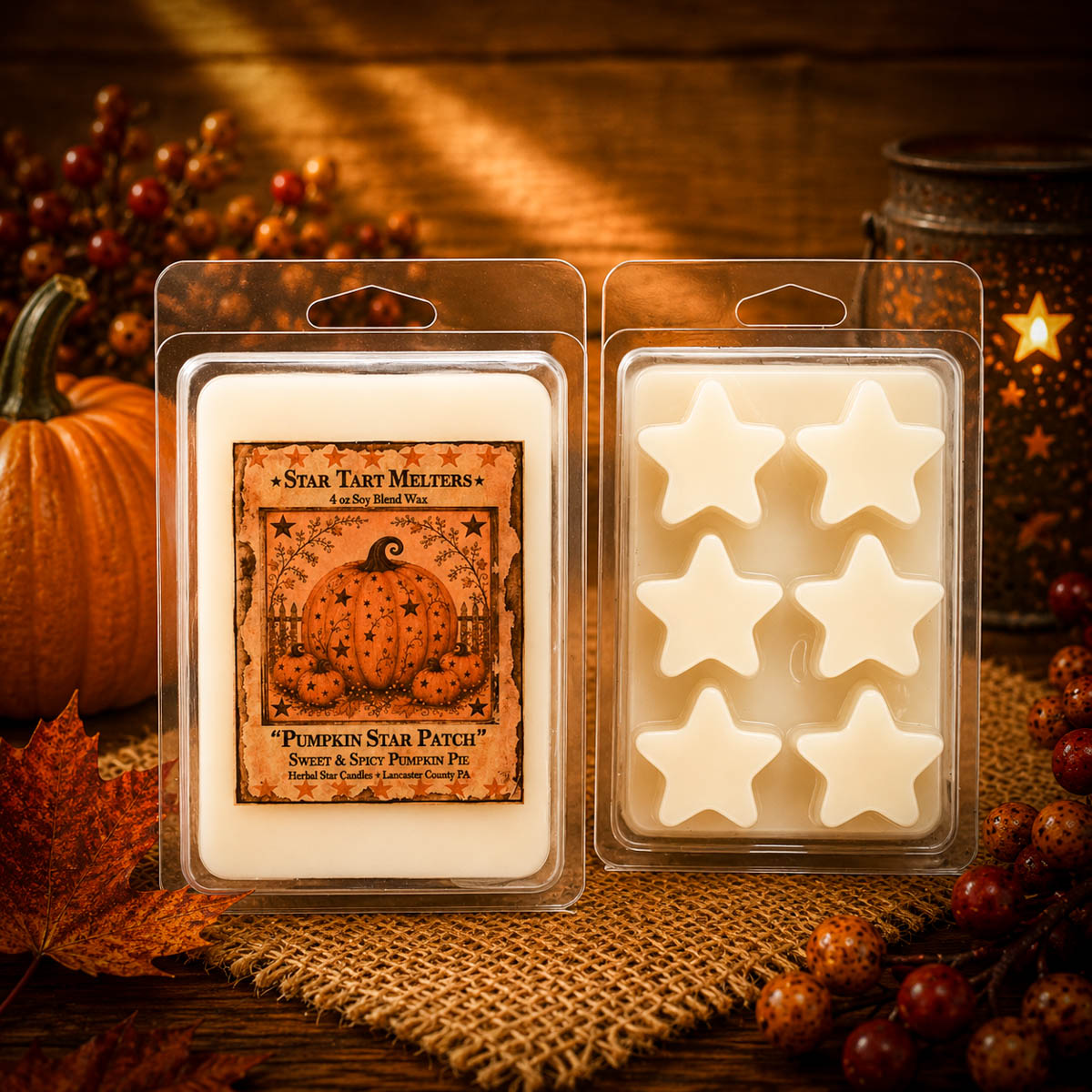 Pumpkin Star Patch 4 oz star-shaped wax tarts scented with sweet and spicy pumpkin pie fragrance