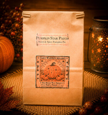 10 oz bag of Pumpkin Star Patch wax tarts with 12 squares scented like sweet and spicy pumpkin pie