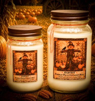 Harvest Candle collection featuring a rustic scarecrow label with pumpkin pecan cinnamon roll fragrance