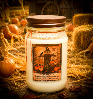 Harvest Candle 16 oz mason jar with antique bronze lid featuring a pumpkin pecan cinnamon roll fragrance