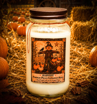 Harvest Mason Jar Candle 24 oz with antique bronze lid featuring a pumpkin pecan cinnamon roll fragrance