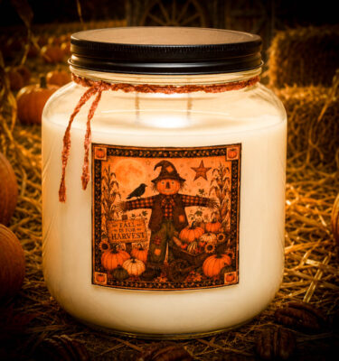 Harvest Jar Candle 64 oz double-wick candle with black lid featuring a pumpkin pecan cinnamon roll fragrance