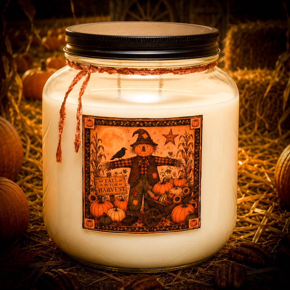 Harvest Jar Candle 64 oz double-wick candle with black lid featuring a pumpkin pecan cinnamon roll fragrance