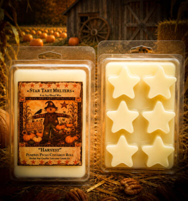 Harvest Star Tart Melters with pumpkin pecan cinnamon roll fragrance displayed in a rustic pumpkin patch setting