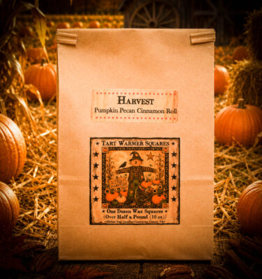 Harvest Tart Warmer Squares bag with pumpkin pecan cinnamon roll fragrance displayed in a rustic pumpkin patch setting