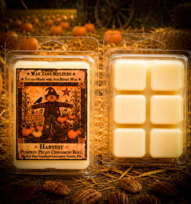 Harvest Mini Wax Tarts with pumpkin pecan cinnamon roll fragrance displayed in a rustic pumpkin patch setting