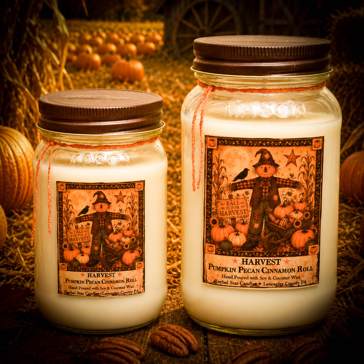 Harvest Candle collection featuring a rustic scarecrow label with pumpkin pecan cinnamon roll fragrance