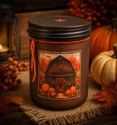 Autumn Splendor Barn Amber Frosted Farmhouse 18 oz Jar Candle in a cozy farmhouse fall setting