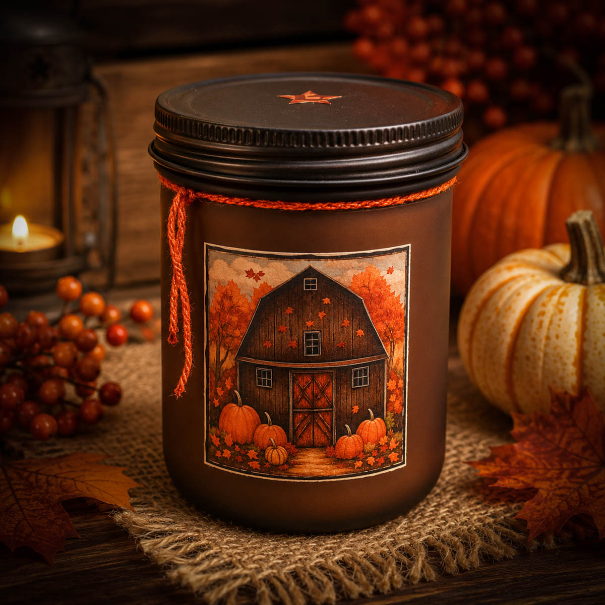 Autumn Splendor Barn Amber Frosted Farmhouse 18 oz Jar Candle in a cozy farmhouse fall setting