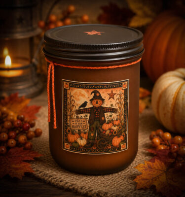 Harvest Scarecrow Amber Frosted Farmhouse 18 oz Jar Candle surrounded by pumpkins and autumn leaves