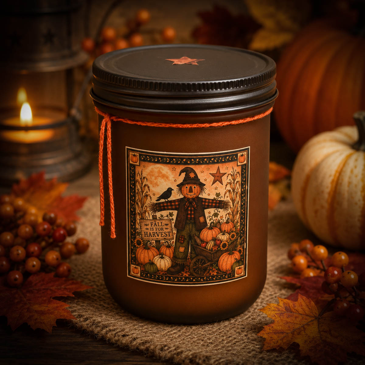 Harvest Scarecrow Amber Frosted Farmhouse 18 oz Jar Candle surrounded by pumpkins and autumn leaves