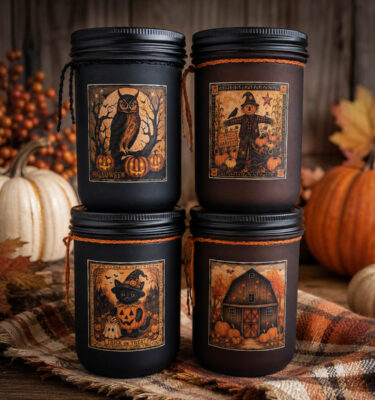 Fall Frosted Farmhouse 18 oz Jar Collection with Cinnamon Clove Pumpkin, Trick or Treat, Autumn Splendor and Harvest candles