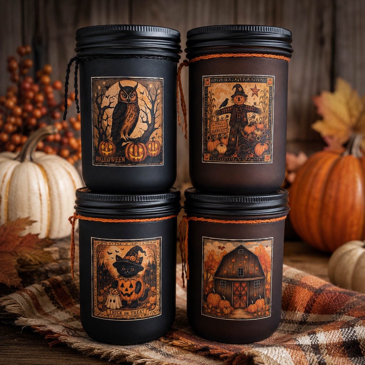 Fall Frosted Farmhouse 18 oz Jar Collection with Cinnamon Clove Pumpkin, Trick or Treat, Autumn Splendor and Harvest candles
