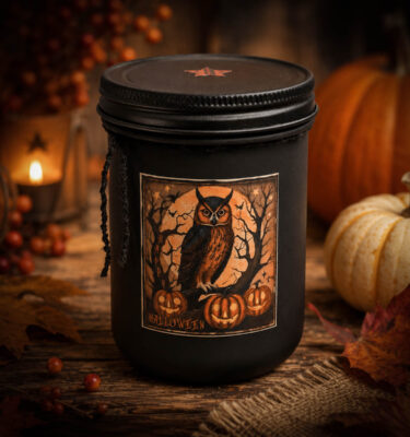 Cinnamon Clove Pumpkin Owl Black Frosted Farmhouse 18 oz Jar Candle with rustic Halloween décor