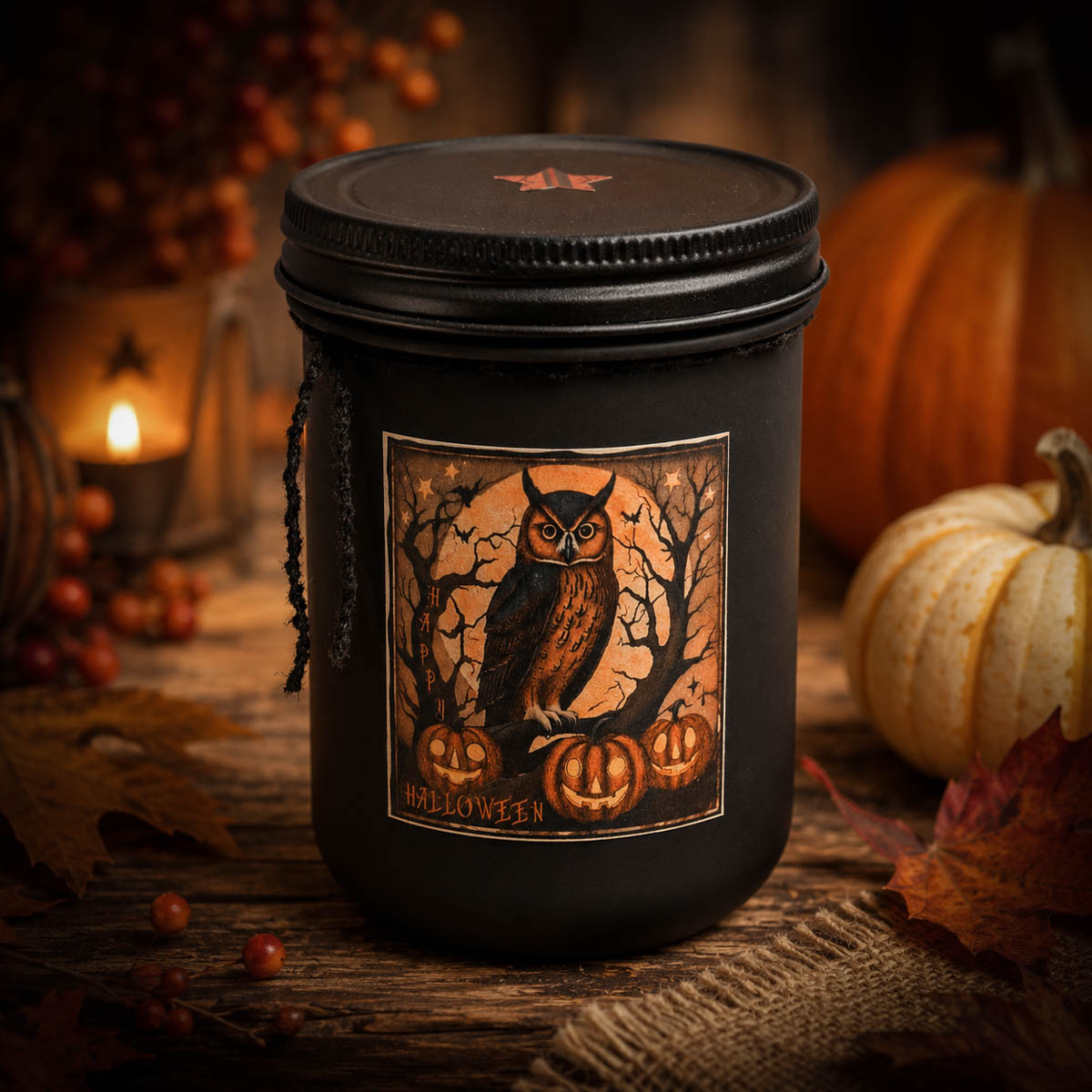 Cinnamon Clove Pumpkin Owl Black Frosted Farmhouse 18 oz Jar Candle with rustic Halloween décor