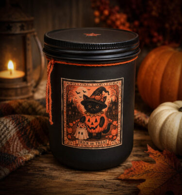 Trick or Treat Cat Black Frosted Farmhouse 18 oz Jar Candle displayed with rustic fall décor