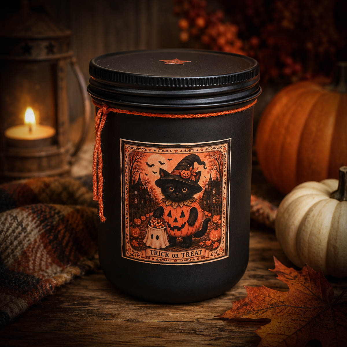Trick or Treat Cat Black Frosted Farmhouse 18 oz Jar Candle displayed with rustic fall décor
