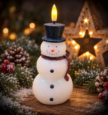 Snowman Battery Candle with glowing 3D realistic flame, glittery black top hat and festive scarf, surrounded by snowy Christmas greenery and warm star lights.