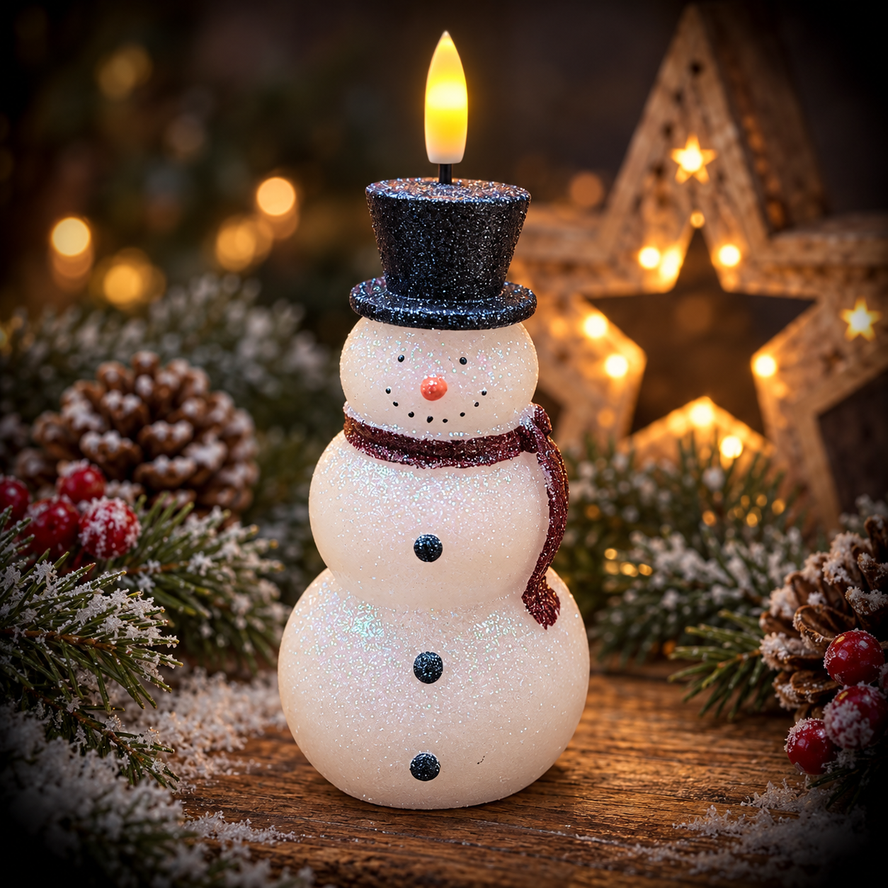 Snowman Battery Candle with glowing 3D realistic flame, glittery black top hat and festive scarf, surrounded by snowy Christmas greenery and warm star lights.