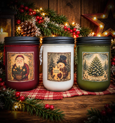 Christmas Frosted Farmhouse Jars in red Santa, white Snowman, and green Pine designs – 18 oz holiday candles by Herbal Star Candles