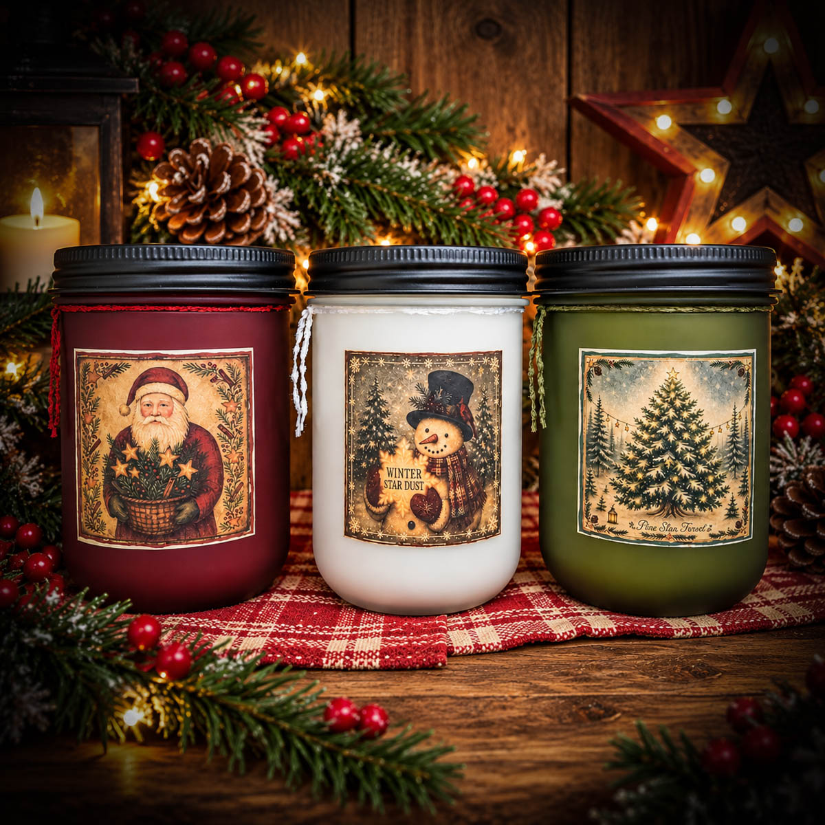 Christmas Frosted Farmhouse Jars in red Santa, white Snowman, and green Pine designs – 18 oz holiday candles by Herbal Star Candles