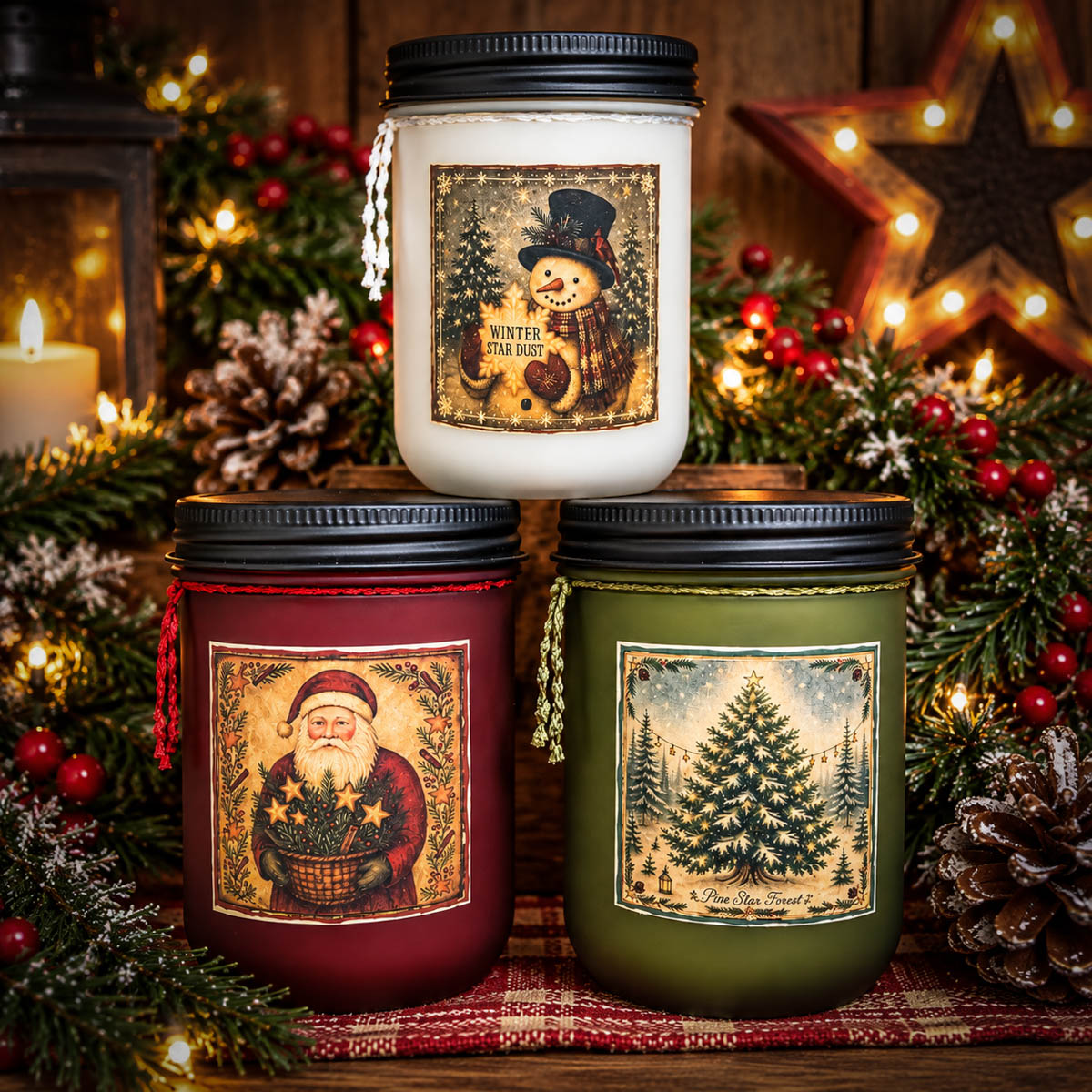 Christmas Frosted Farmhouse Jars in red Santa, white Snowman, and green Pine designs – 18 oz holiday candles by Herbal Star Candles