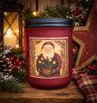 Old Santa Cinnamon Frosted Farmhouse Red jar candle with Santa label