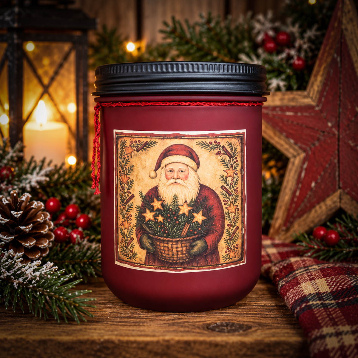 Old Santa Cinnamon Frosted Farmhouse Red jar candle with Santa label