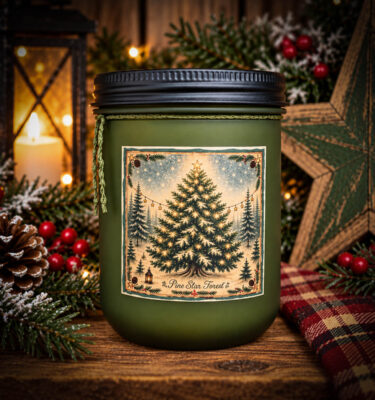 Pine Star Forest scented candle in frosted farmhouse green jar with a christmas tree label