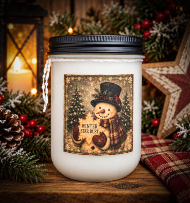 Winter Star Dust Frosted Farmhouse Jar cande in frosted white jar with snowman label